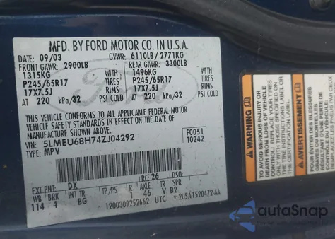 2004 Lincoln Aviator Luxury from USA, damaged, VIN 5LMEU68H74ZJ04292